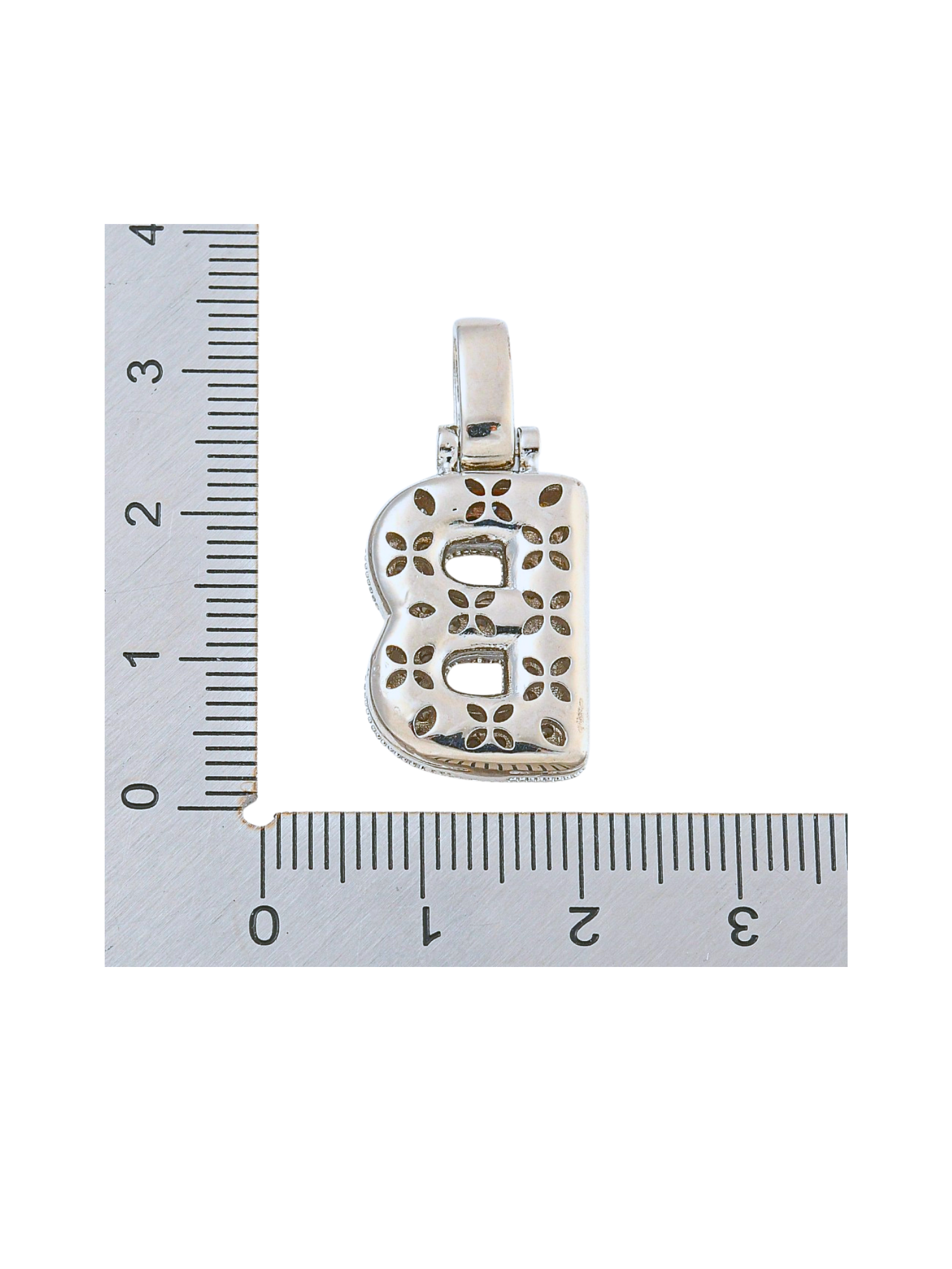 Back view of the Silver Rhinestone Bubble Letter "B" Charm with a ruler