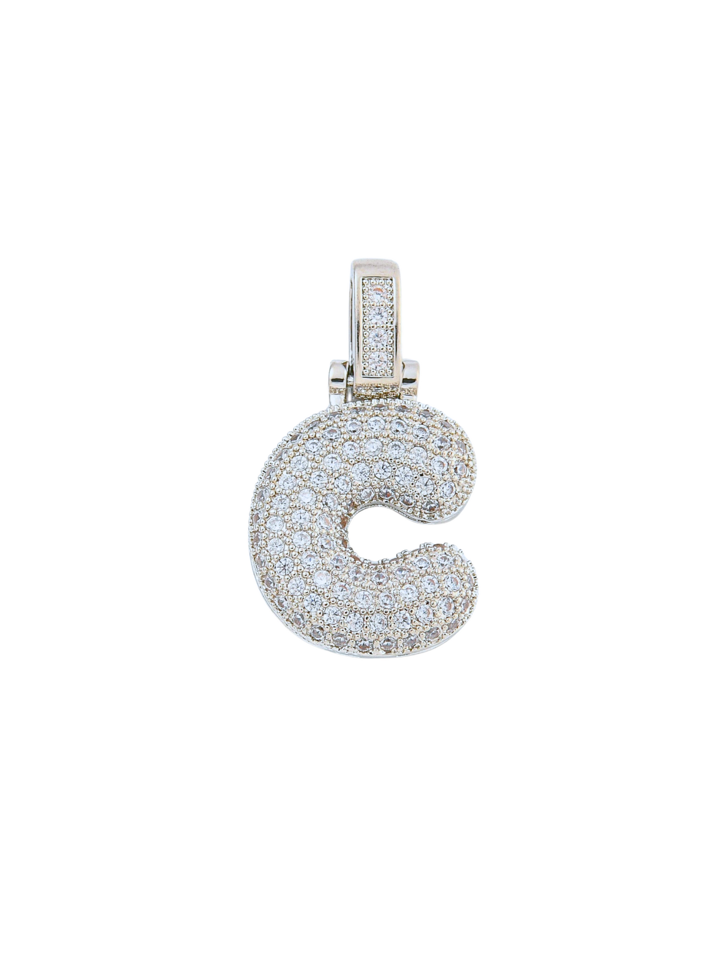 Front view of the Silver Rhinestone Bubble Letter "C" Charm