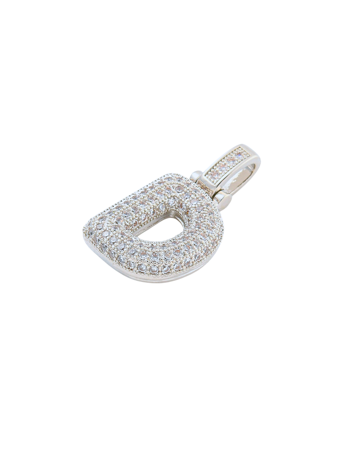 Side view of Silver Rhinestone Bubble Letter "D" Charm