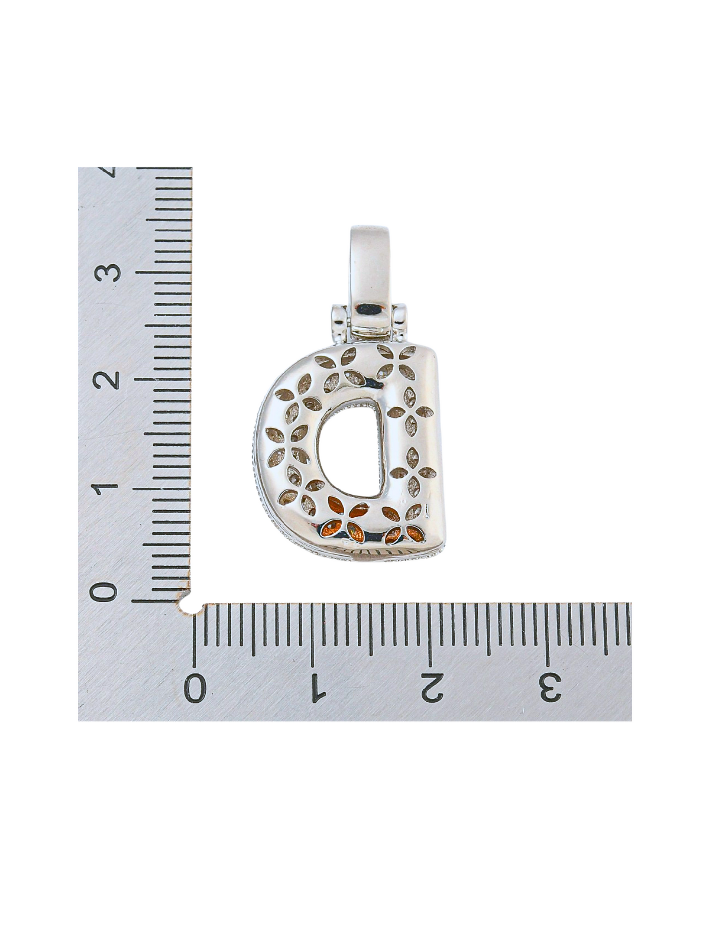 Back view of the Silver Rhinestone Bubble Letter "D" Charm with a ruler