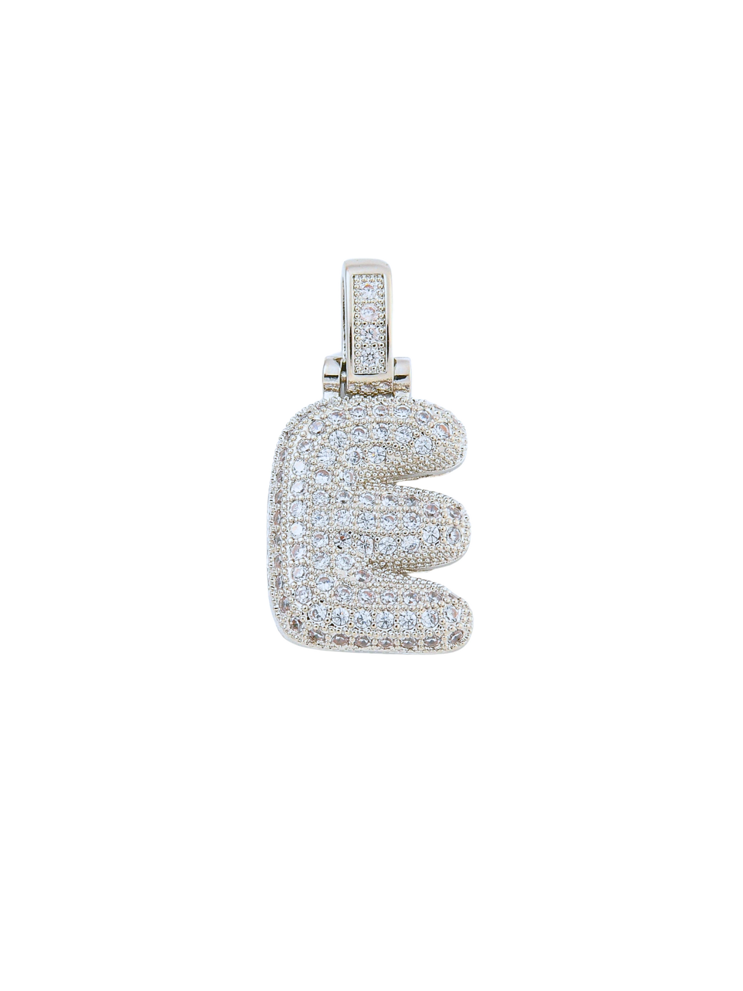 Front view of the Silver Rhinestone Bubble Letter "E" Charm