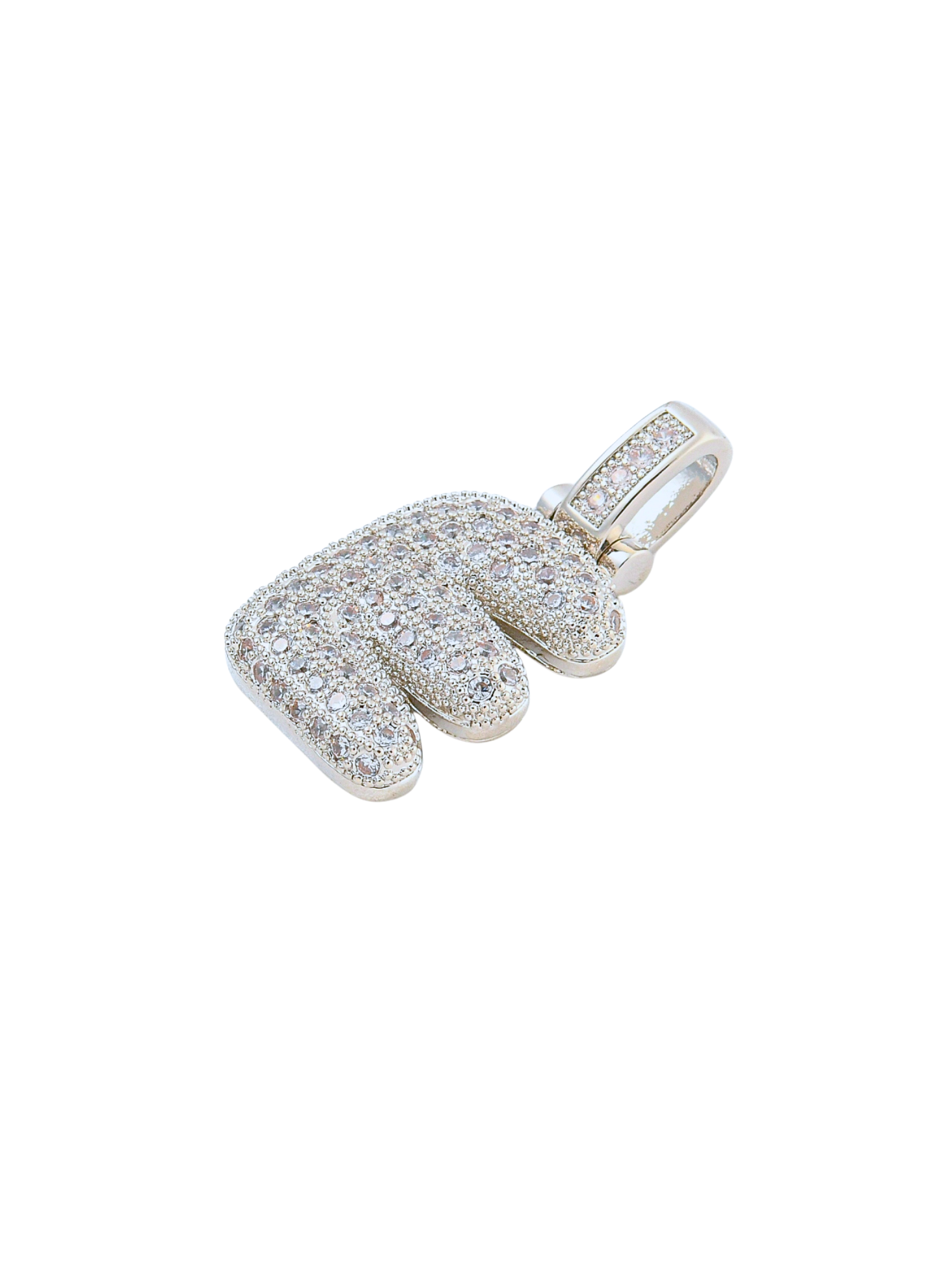 Side view of the Silver Rhinestone Bubble Letter "E" Charm