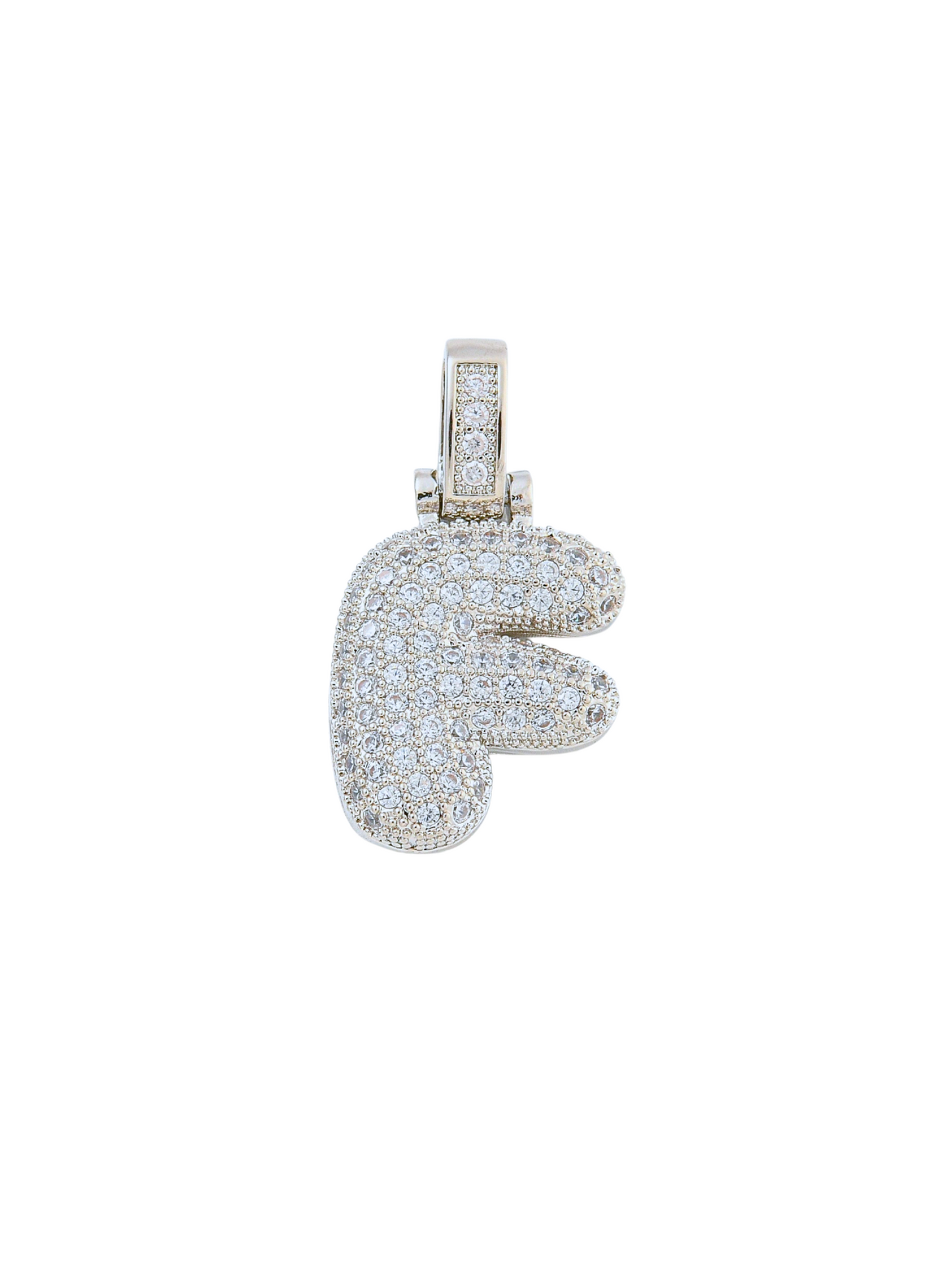 Front view of the Silver Rhinestone Bubble Letter "F" Charm