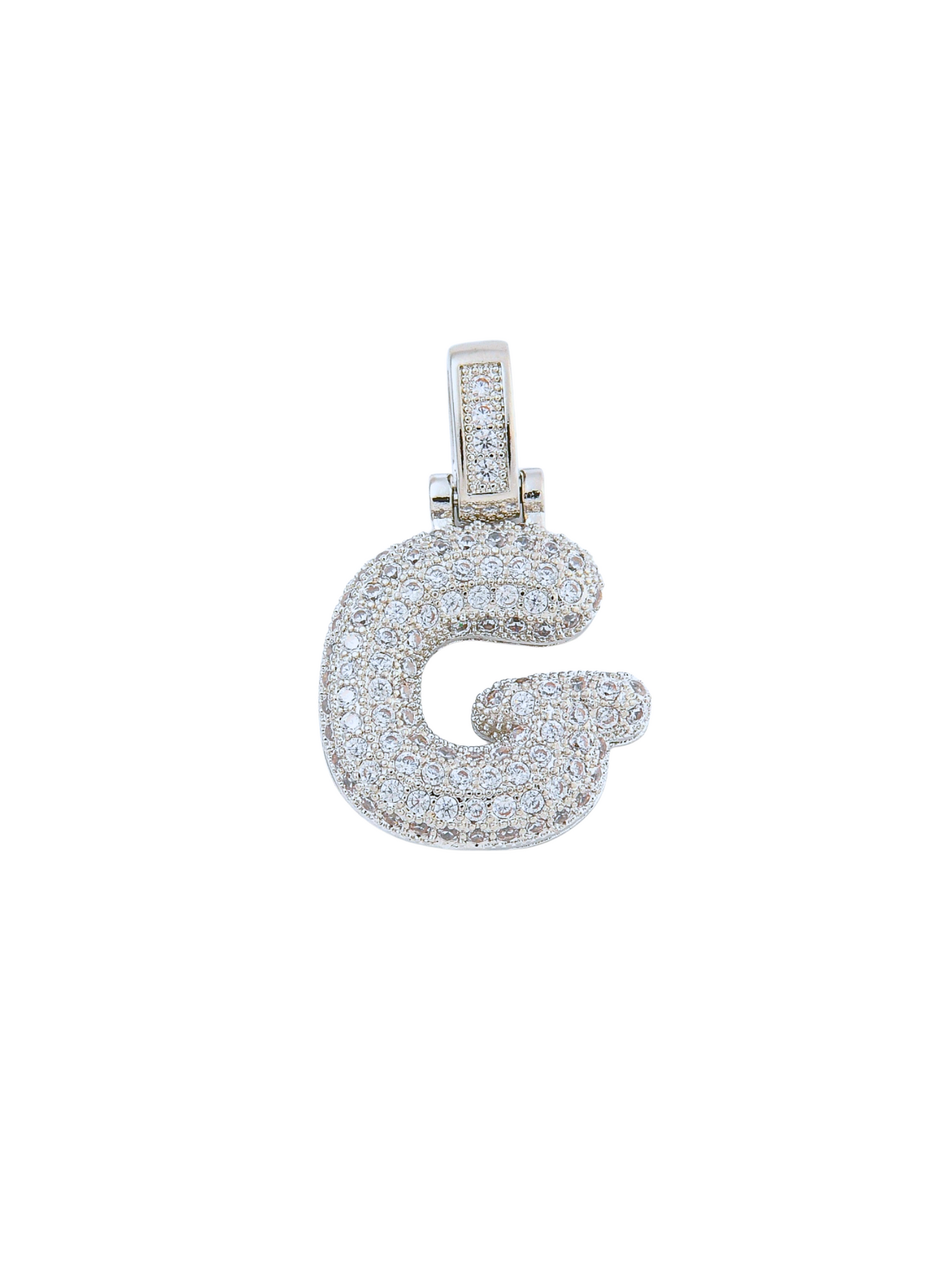 Front view of the Silver Rhinestone Bubble Letter "G" Charm