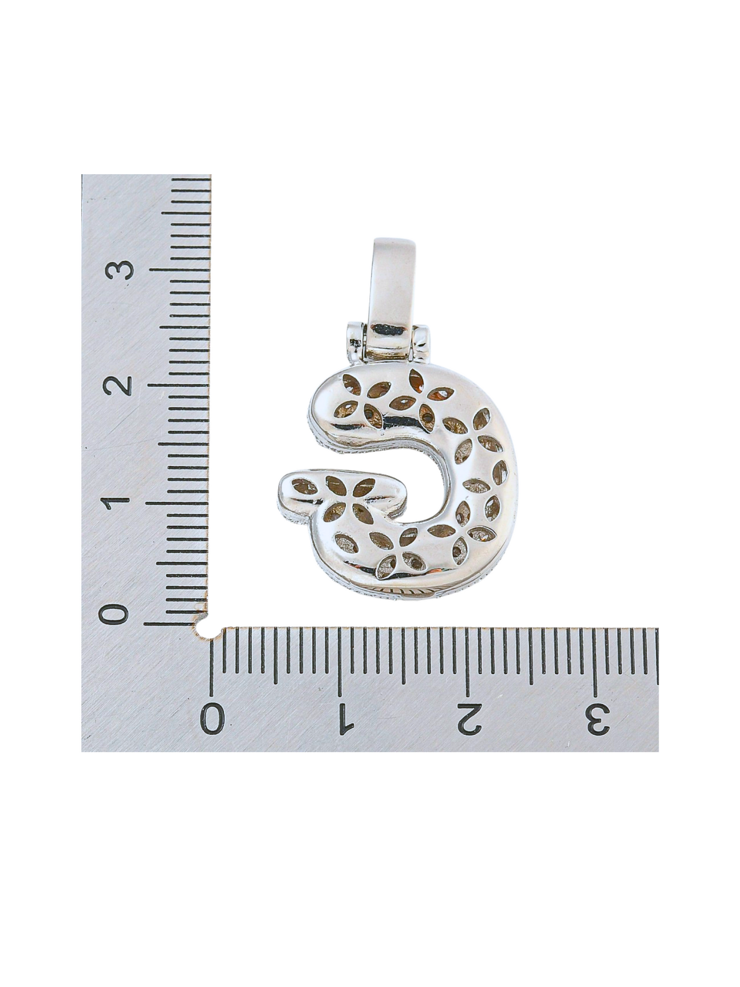 Back view of the Silver Rhinestone Bubble Letter "G" Charm with a ruler