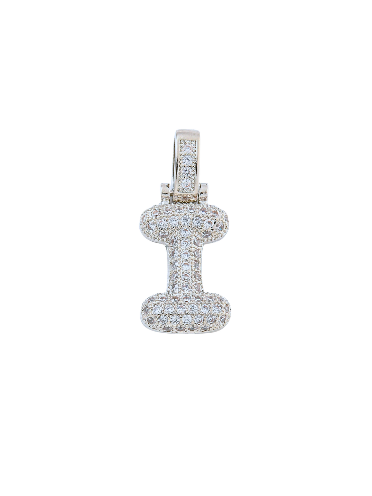 Front view of the Silver Rhinestone Bubble Letter "I" Charm