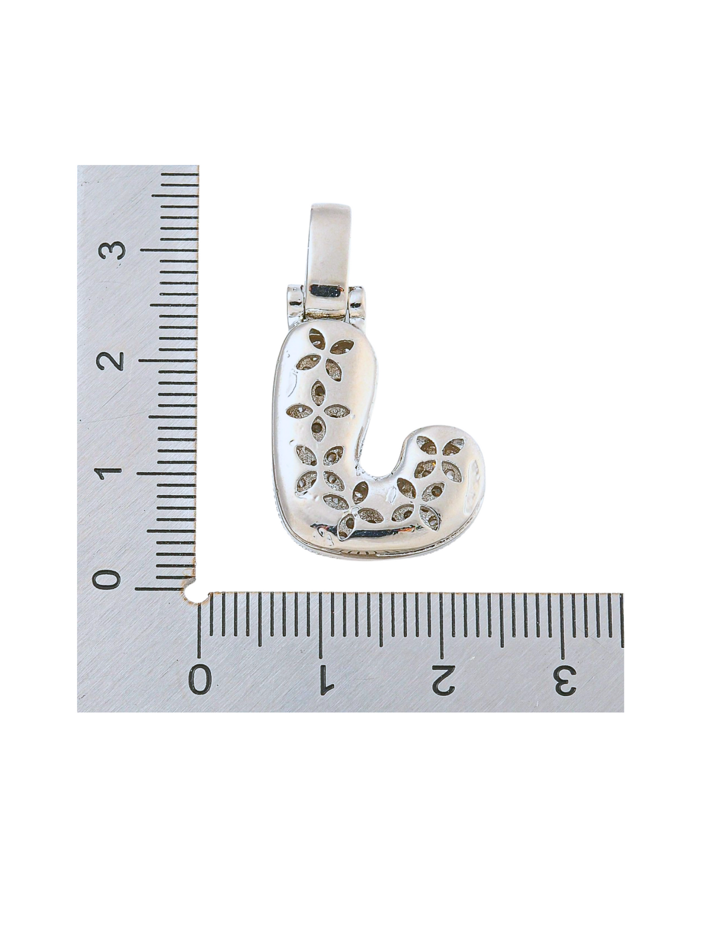 Back view of the Silver Rhinestone Bubble Letter "J" Charm with a ruler