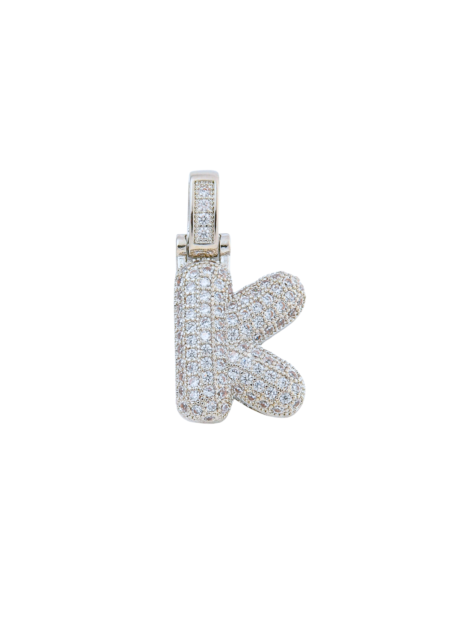 Front view of the Silver Rhinestone Bubble Letter "K" Charm