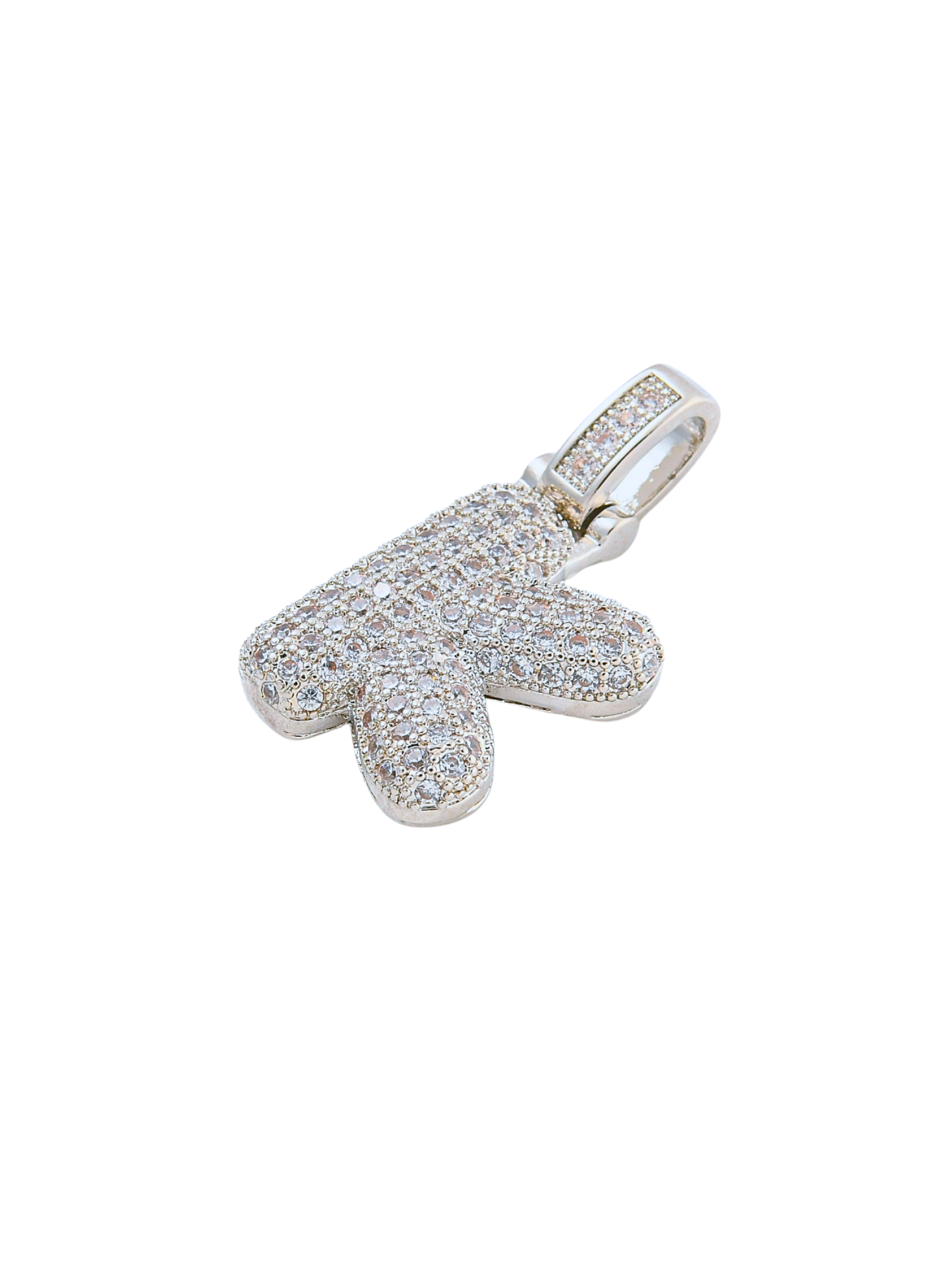 Side view of the Silver Rhinestone Bubble Letter "K" Charm