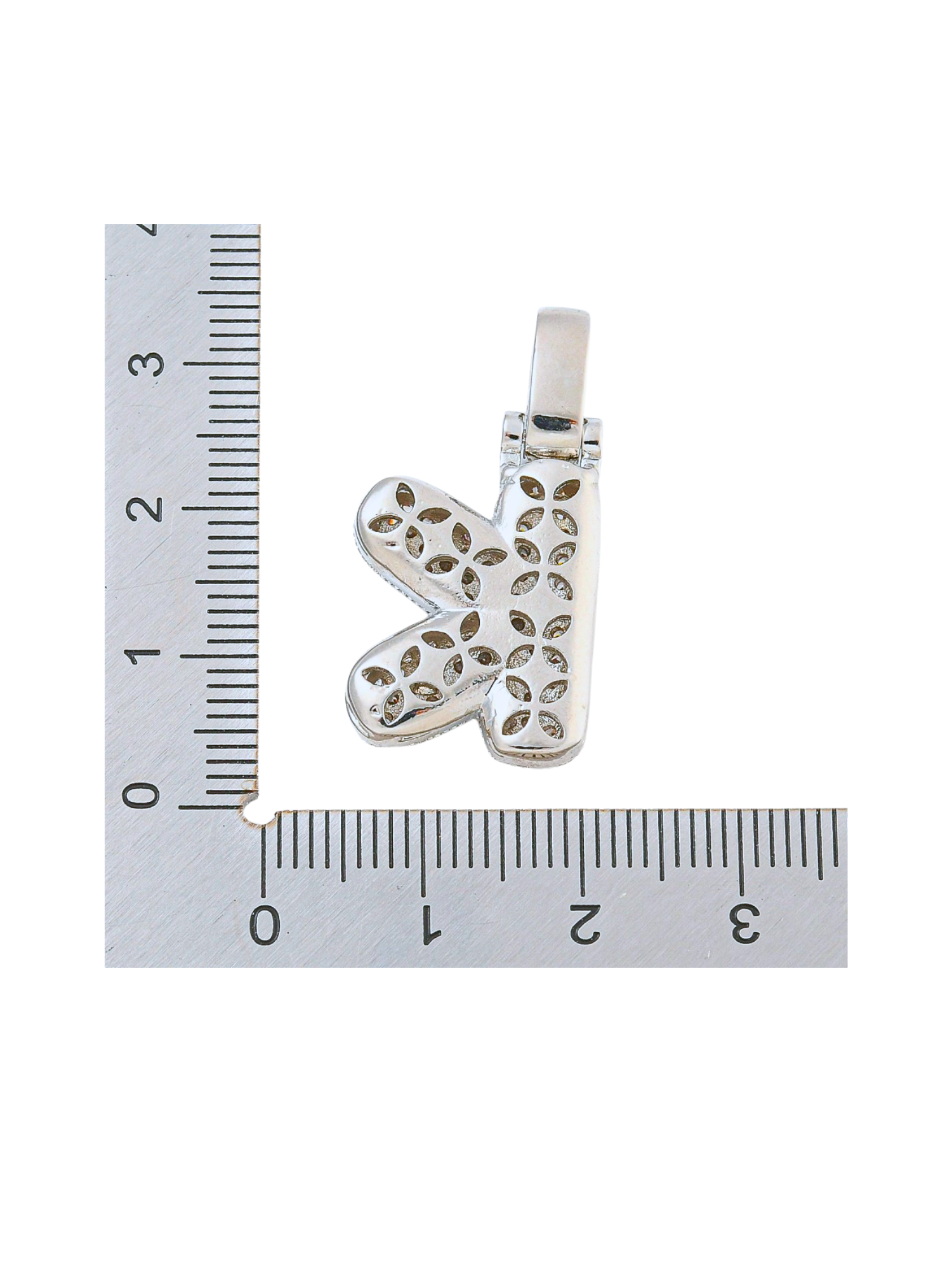 Back view of the Silver Rhinestone Bubble Letter "K" Charm with a ruler