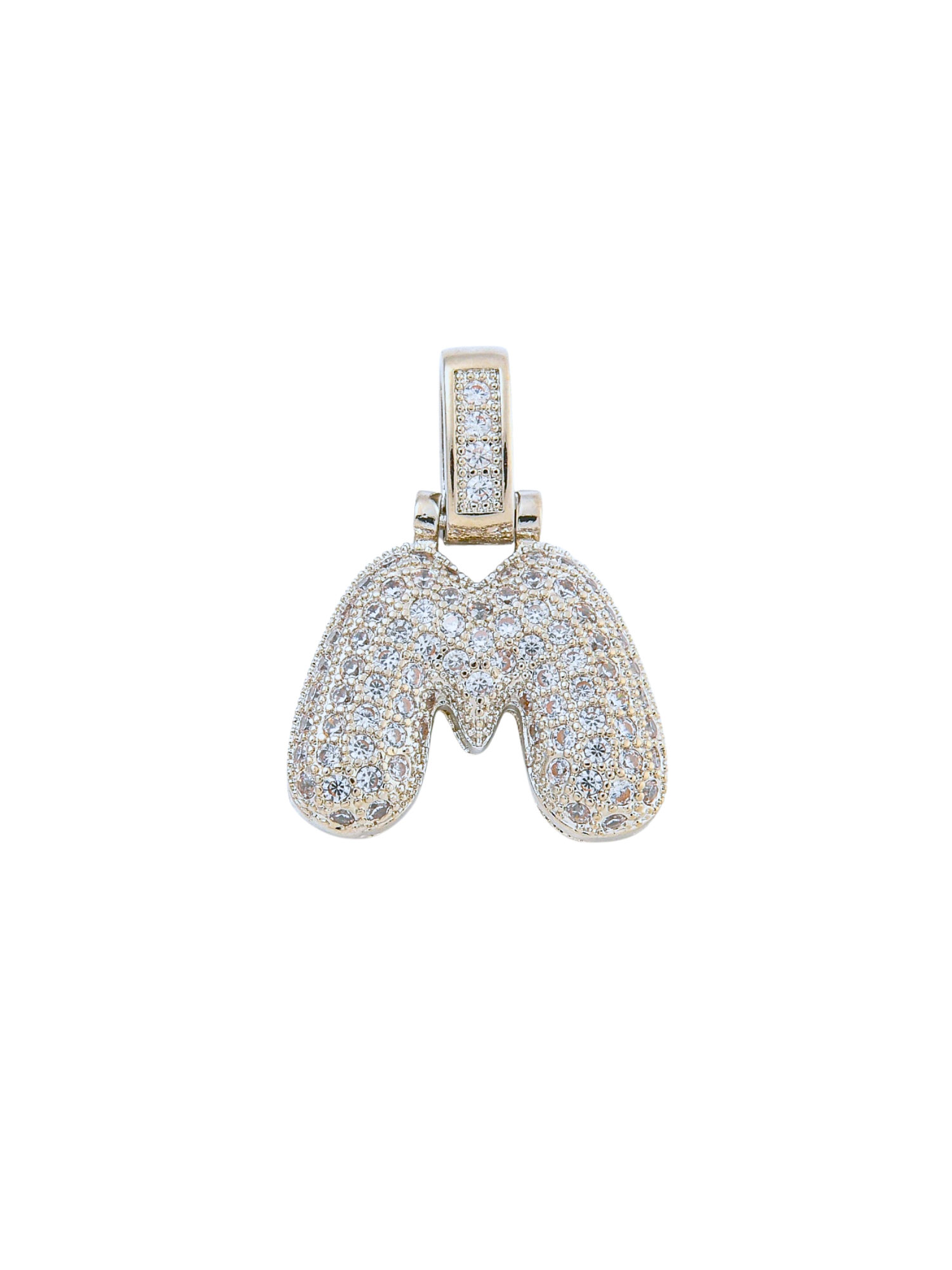 Front view of the Silver Rhinestone Bubble Letter "M" Charm