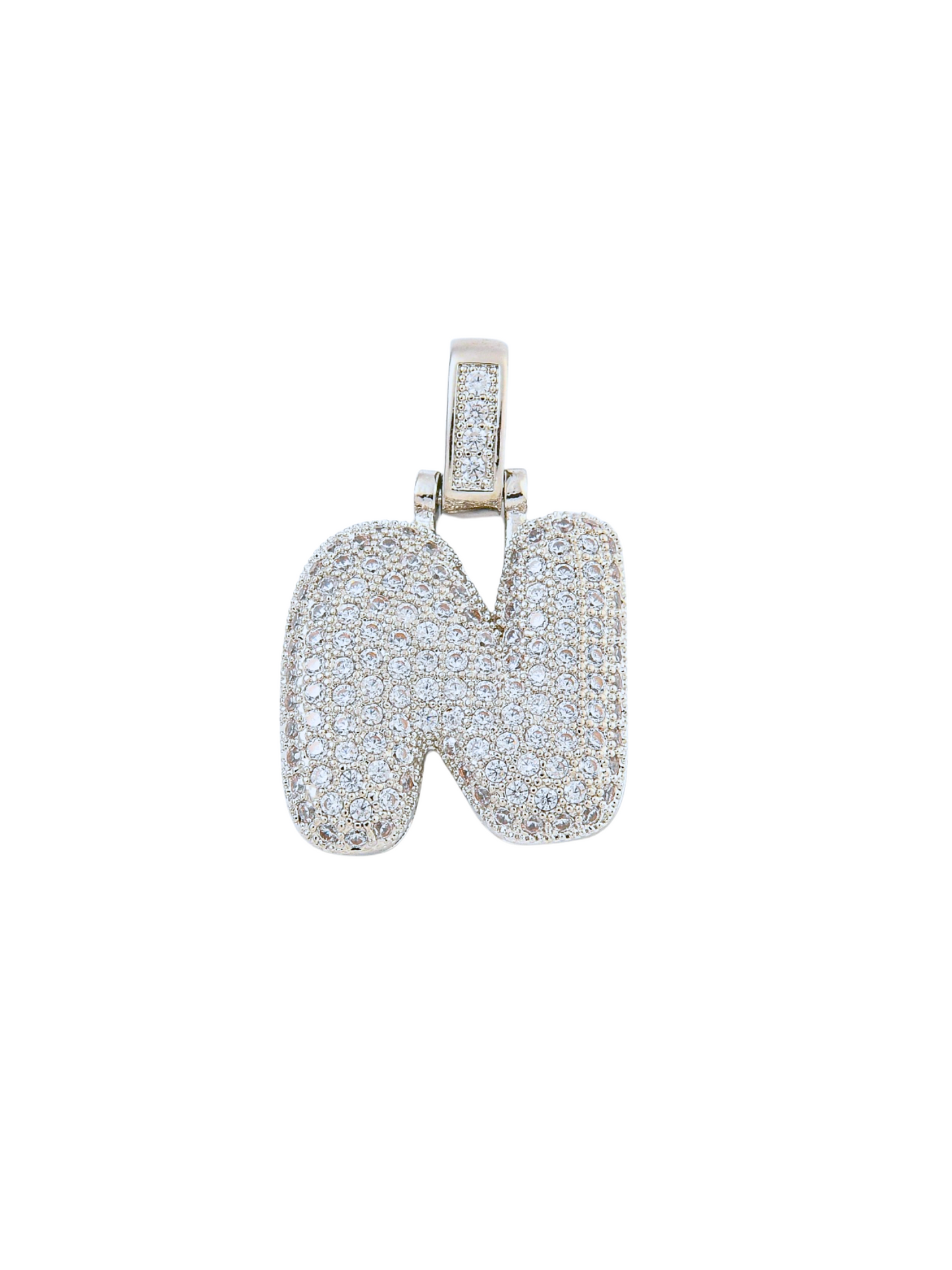 Front view of theSilver Rhinestone Bubble Letter "N" Charm