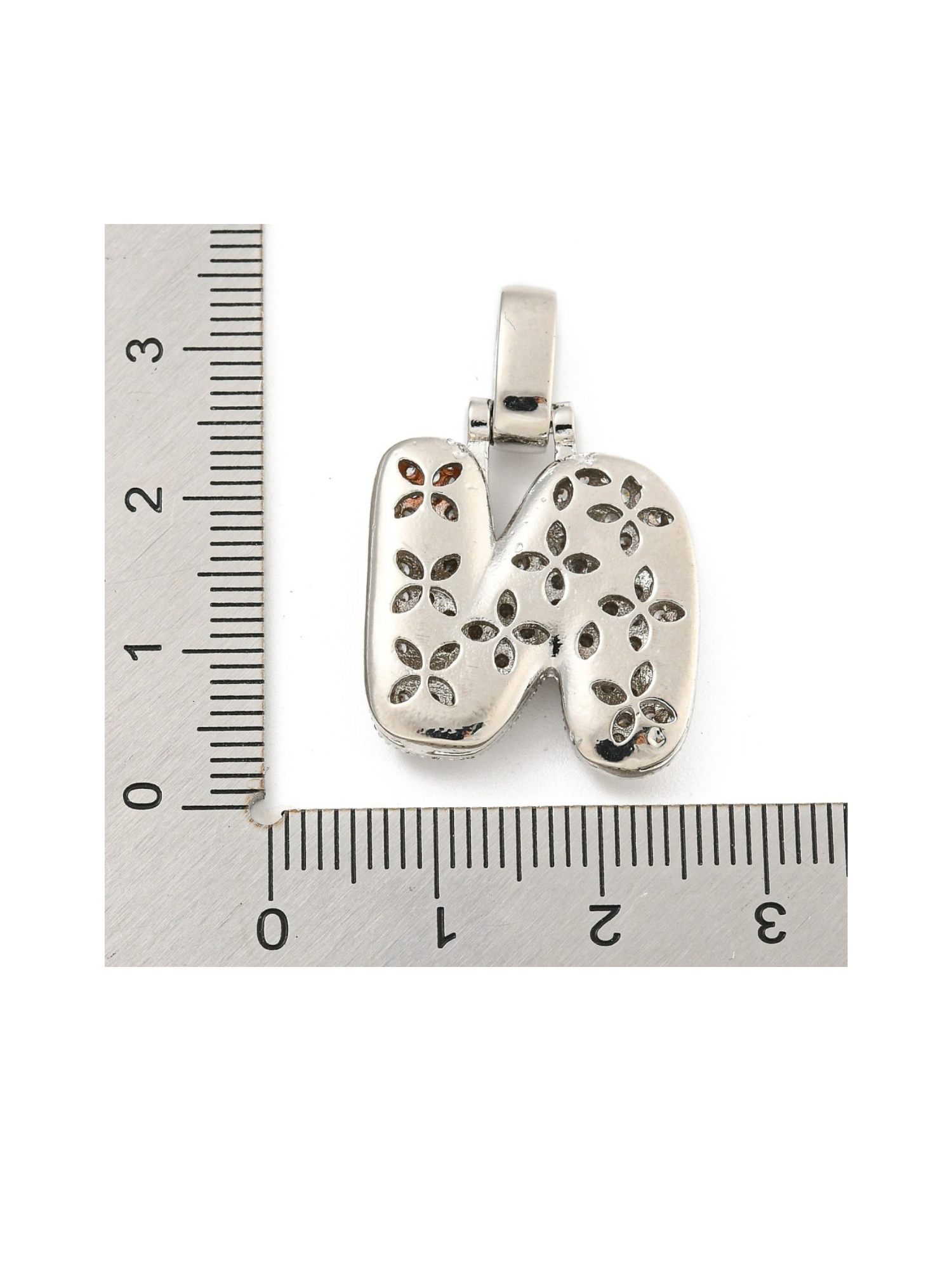 Back view of the Silver Rhinestone Bubble Letter "N" Charm with a ruler