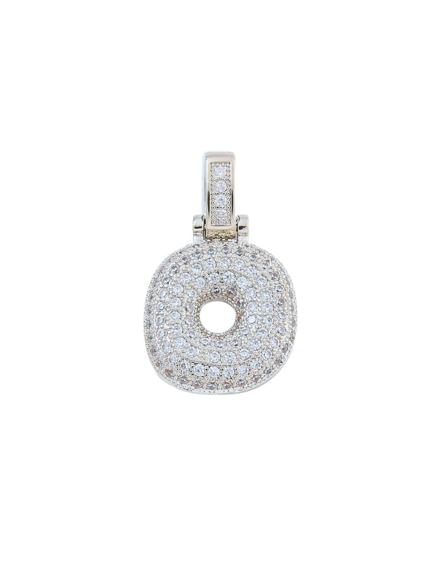 Front view of the Silver Rhinestone Bubble Letter "O" Charm