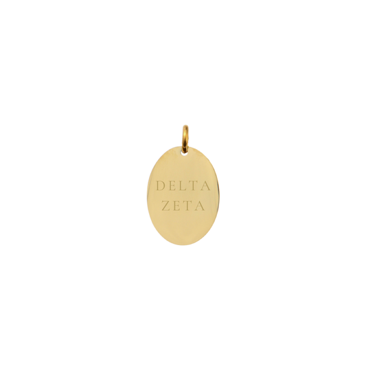Delta Zeta gold small oval charm with full sorority name front view.