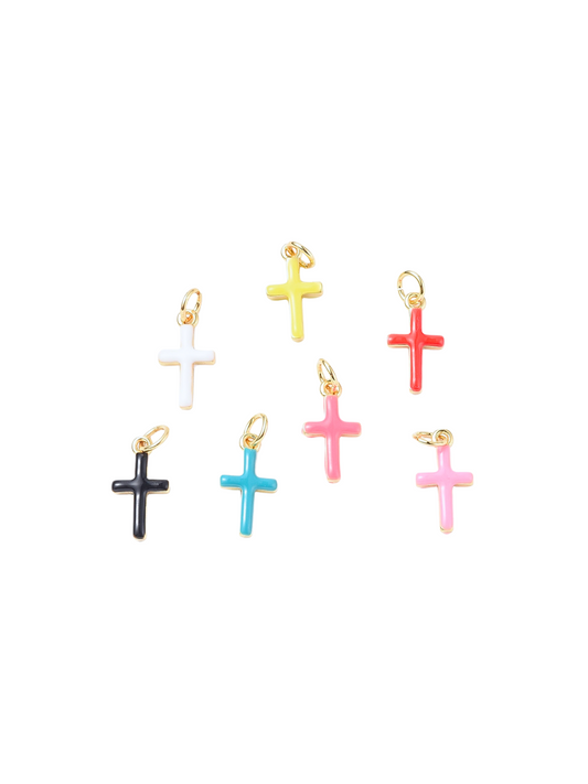 Enamel Cross Charm front view in Black, Teal, Dark Pink, Light Pink, Red, White, and Yellow (Bottom to Top)