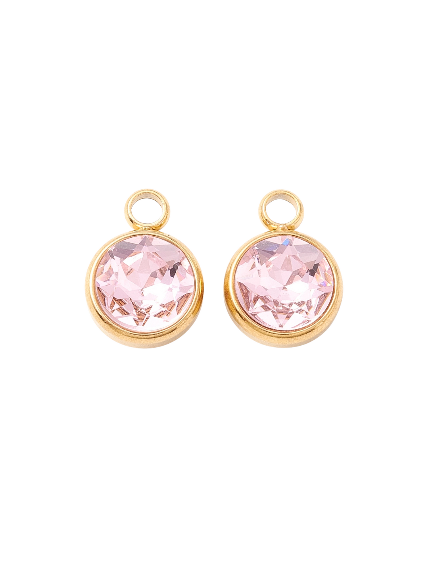 Front view of two Gold Round Assorted Glass Charms in light pink