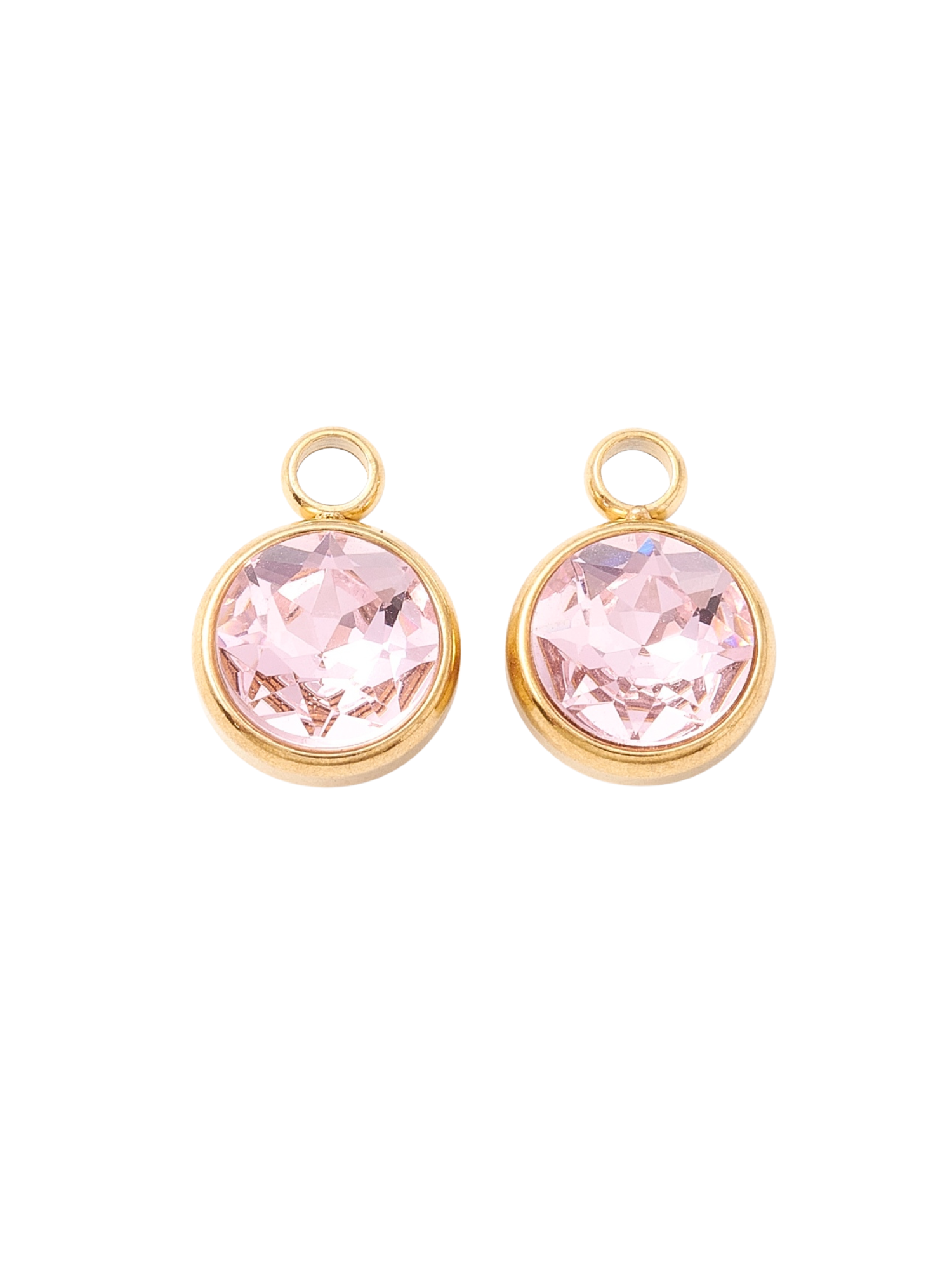 Front view of two Gold Round Assorted Glass Charms in light pink