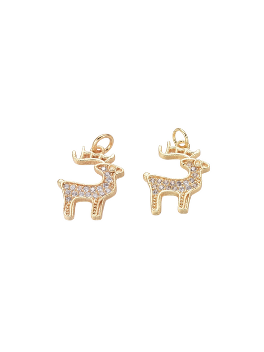 Front of two Gold Cubic Zirconia Reindeer Charm