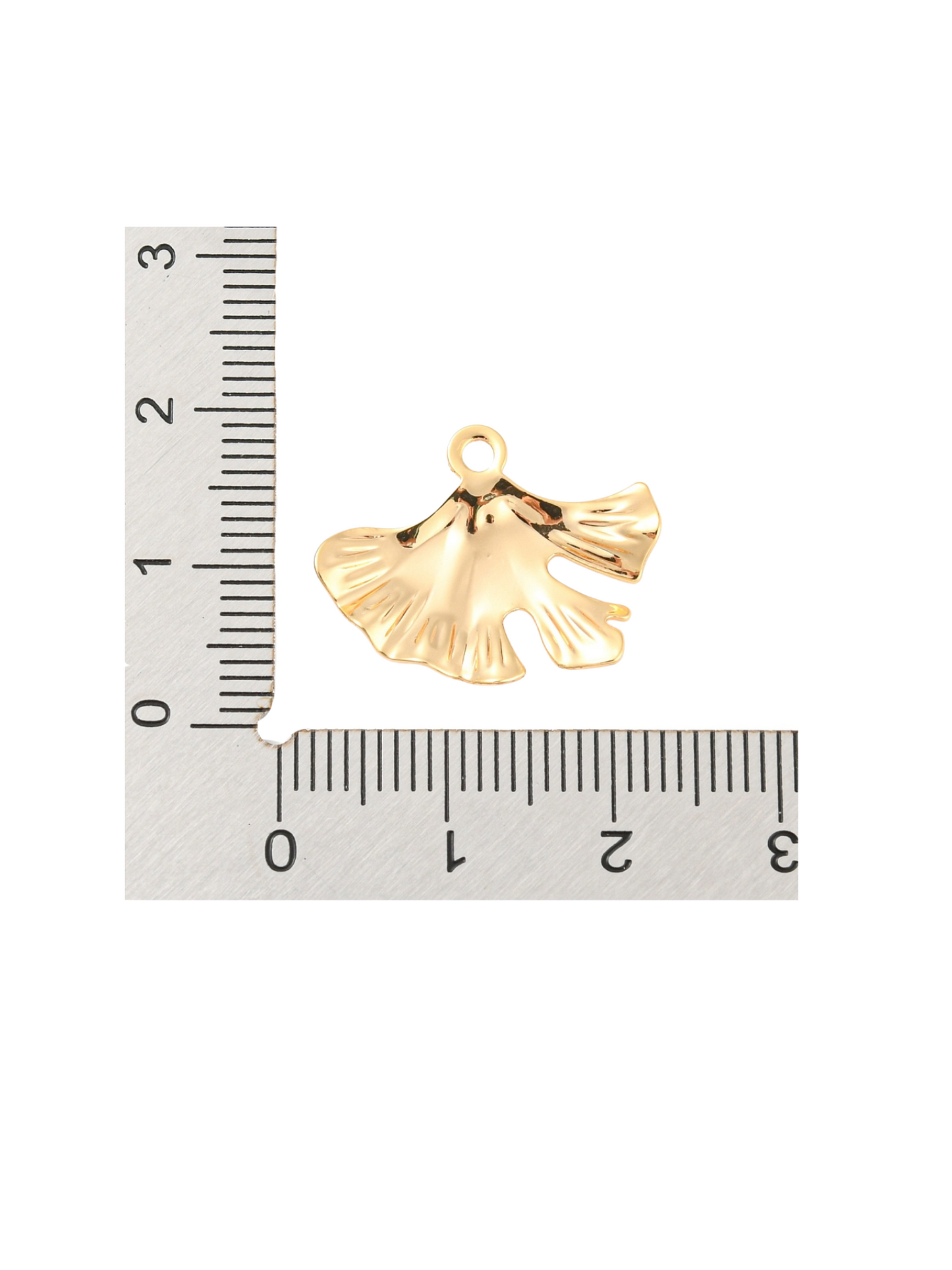 Front of the Gold Ginkgo Leaf Charm with a ruler