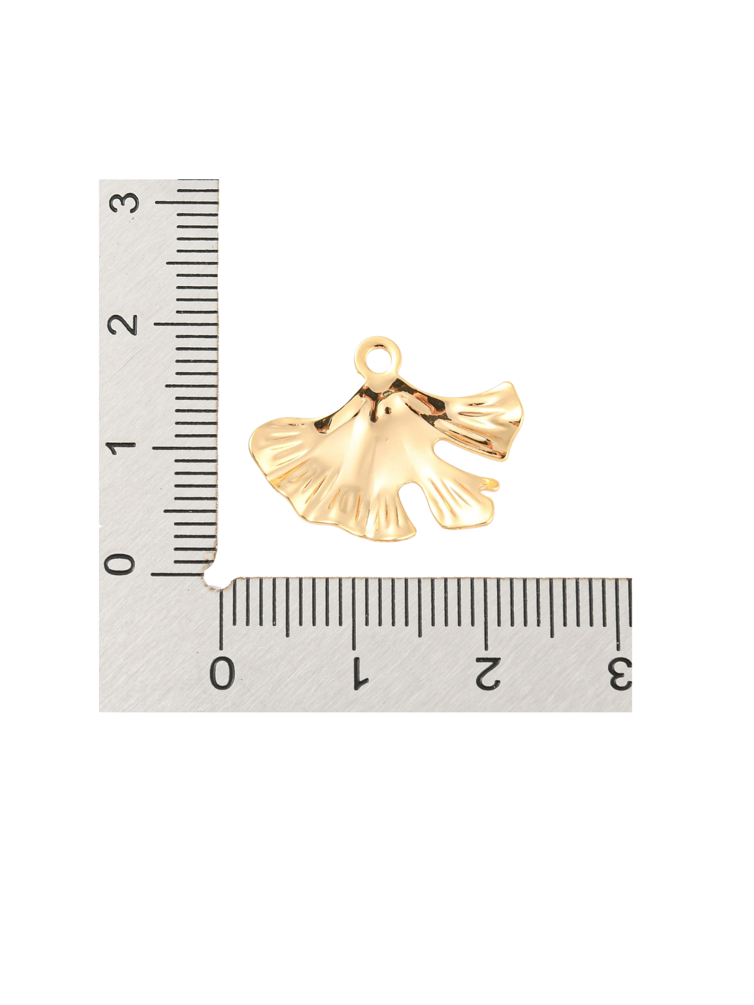 Front of the Gold Ginkgo Leaf Charm with a ruler