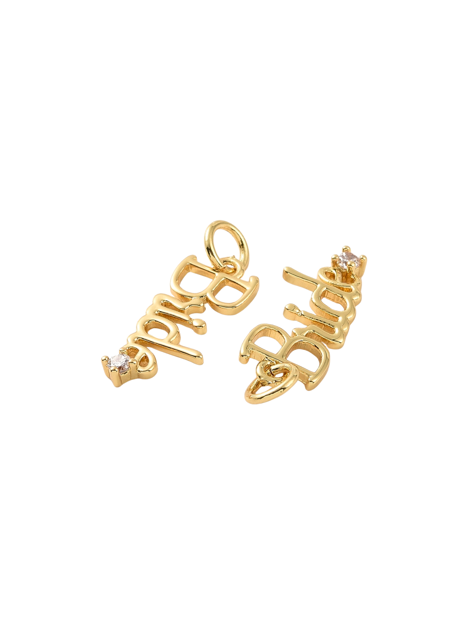 Side of two Gold Minimalistic "Bride" Charms