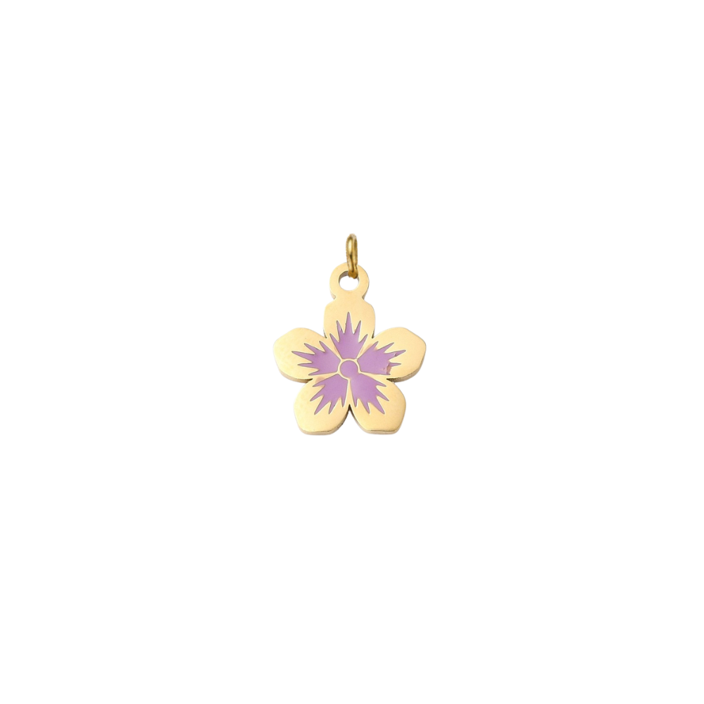 Gold flower charm featuring a five-petal flower design with a lavender purple center on a white background.