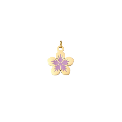 Gold flower charm featuring a five-petal flower design with a lavender purple center on a white background.