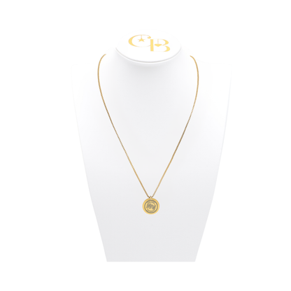 High Point University gold box chain with large round charm displayed on white necklace bust front view with High Point University text and HPU logo
