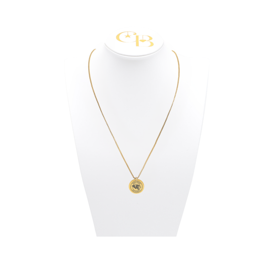 High Point University gold box chain with large round charm displayed on white necklace bust front view with high point university text and panther logo
