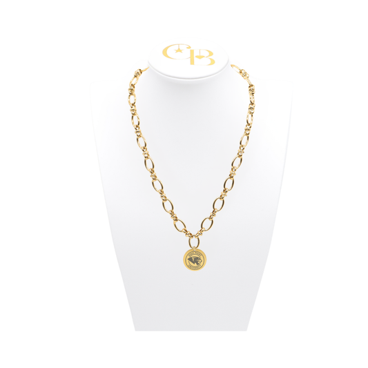 High Point University gold large link evermore necklace with large round charm with high point university text and panther logo on white necklace bust front 
