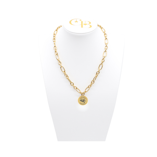 High Point University gold large link Keepsake Necklace with large round charm with high point university text and panther logo on white bust front view
