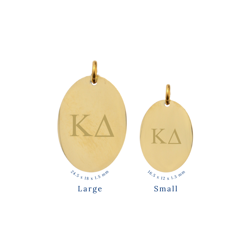 Kappa Delta gold large oval charm and small oval charm comparison with horizontal greek letters front view
