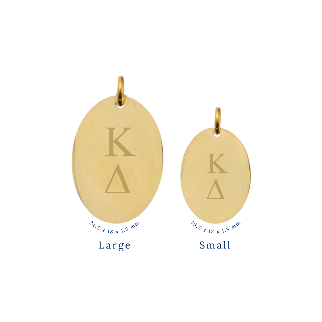 Kappa-delta-gold-large-oval-charm-and-small-oval-charm-comparison-front-vertical-greek-letters