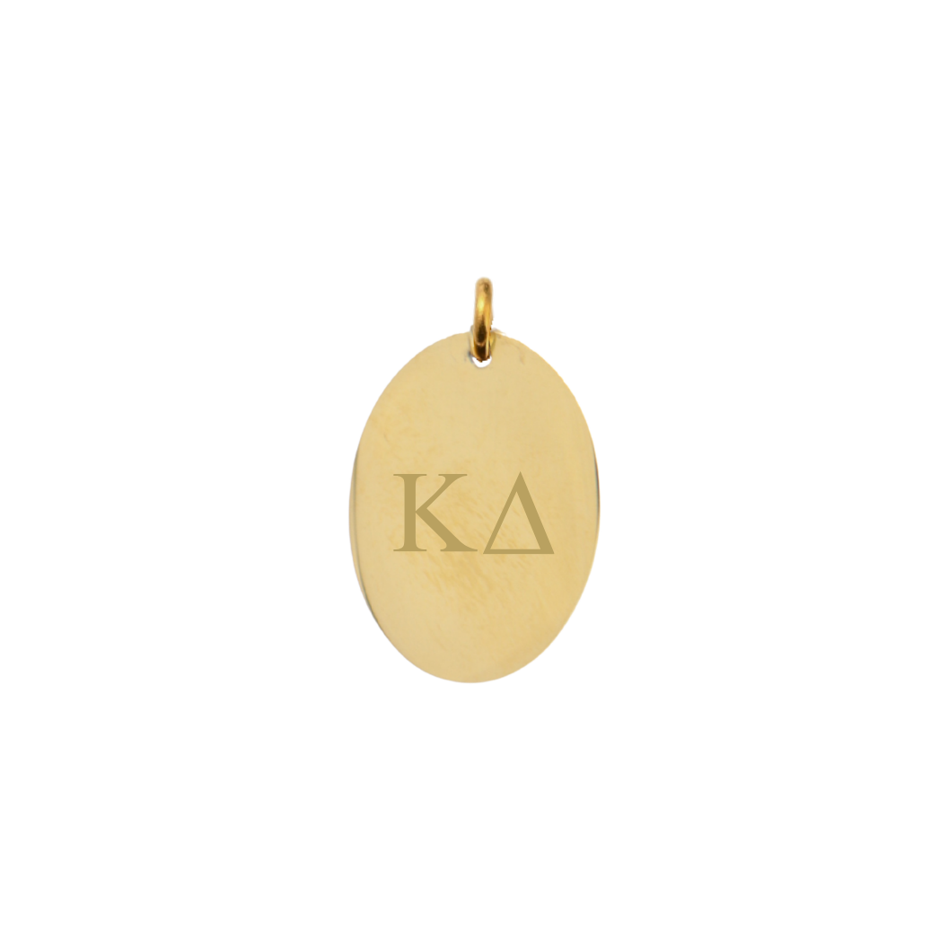 Kappa Delta gold large oval charm with horizontal greek letters front view