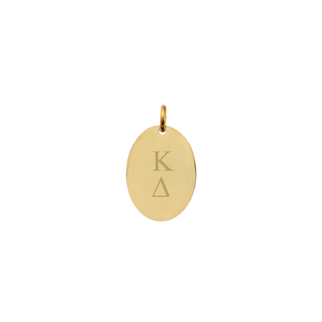 Kappa-delta-gold-small-oval-charm-front-vertical-greek-letters