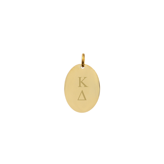 Kappa-delta-gold-small-oval-charm-front-vertical-greek-letters