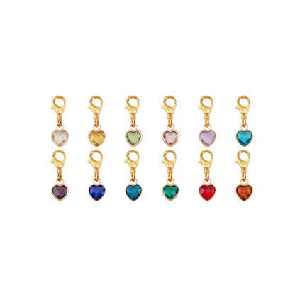 Front view of twelve Gold Heart Birthstone Dangle | Shoe, Purse, & Hat Charm