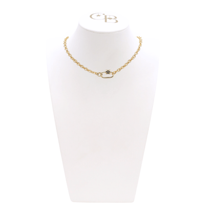 Front view of the Gold Ruth Necklace With Assorted Color Cubic Zirconia Small Gabi Carabiner on CB Bust