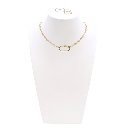 Front view of the Gold Ruth Necklace With Piper Carabiner on CB Bust