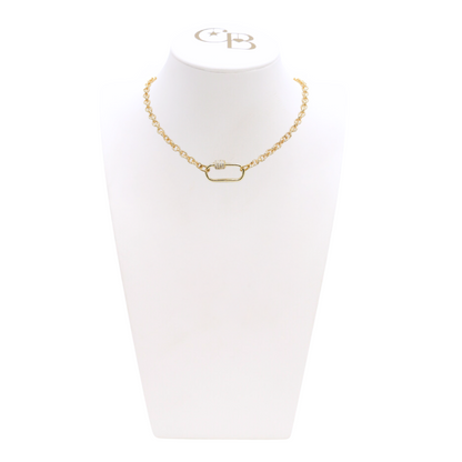 Front view of the Gold Ruth Necklace With Large Gabi Carabiner on CB Bust