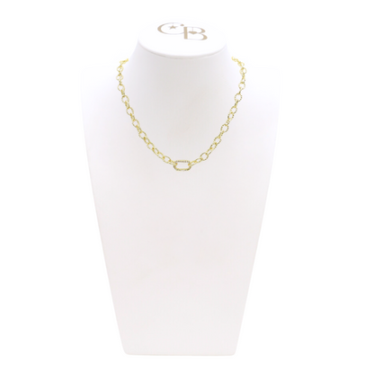 Front view of the Gold Alexis Necklace with Blair Carabiner on CB Bust