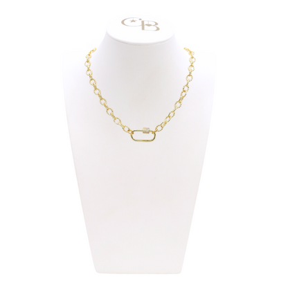 Front view of the Gold Alexis Necklace with Large Gabi Carabiner on CB Bust