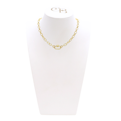 Front view of the Gold Alexis Necklace with Small Bella Carabiner on CB Bust