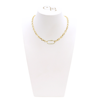 Front view of the Gold Jamesyn Necklace with Piper Carabiner on CB Bust