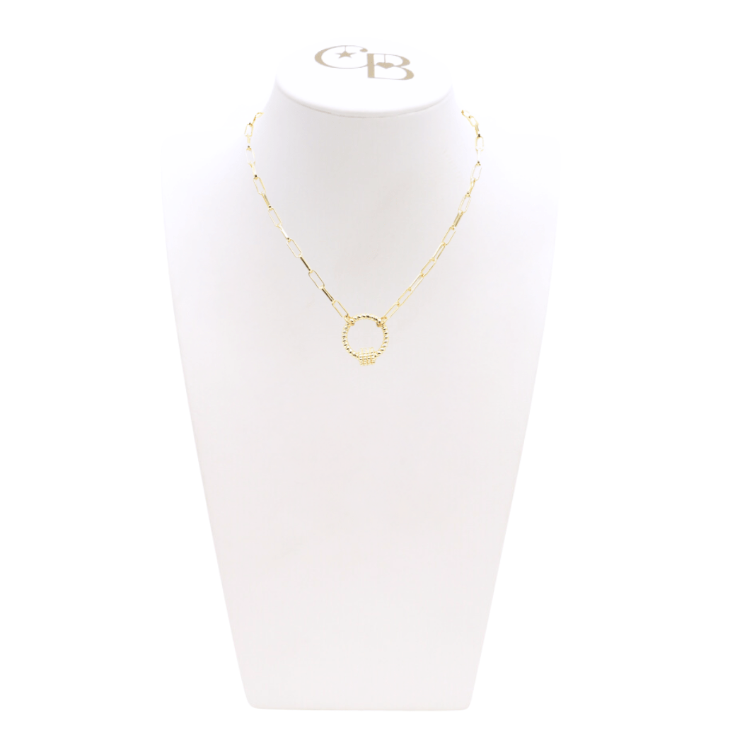 Front view of the Gold Ashley Necklace with Round Bella Carabiner on CB Bust