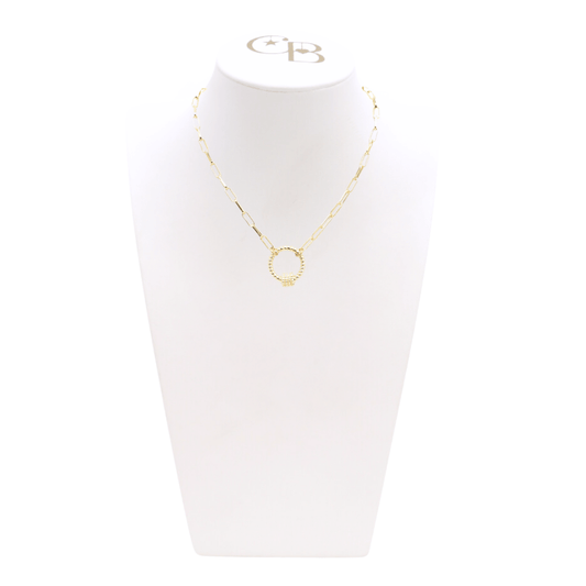 Front view of the Gold Ashley Necklace with Round Bella Carabiner on CB Bust