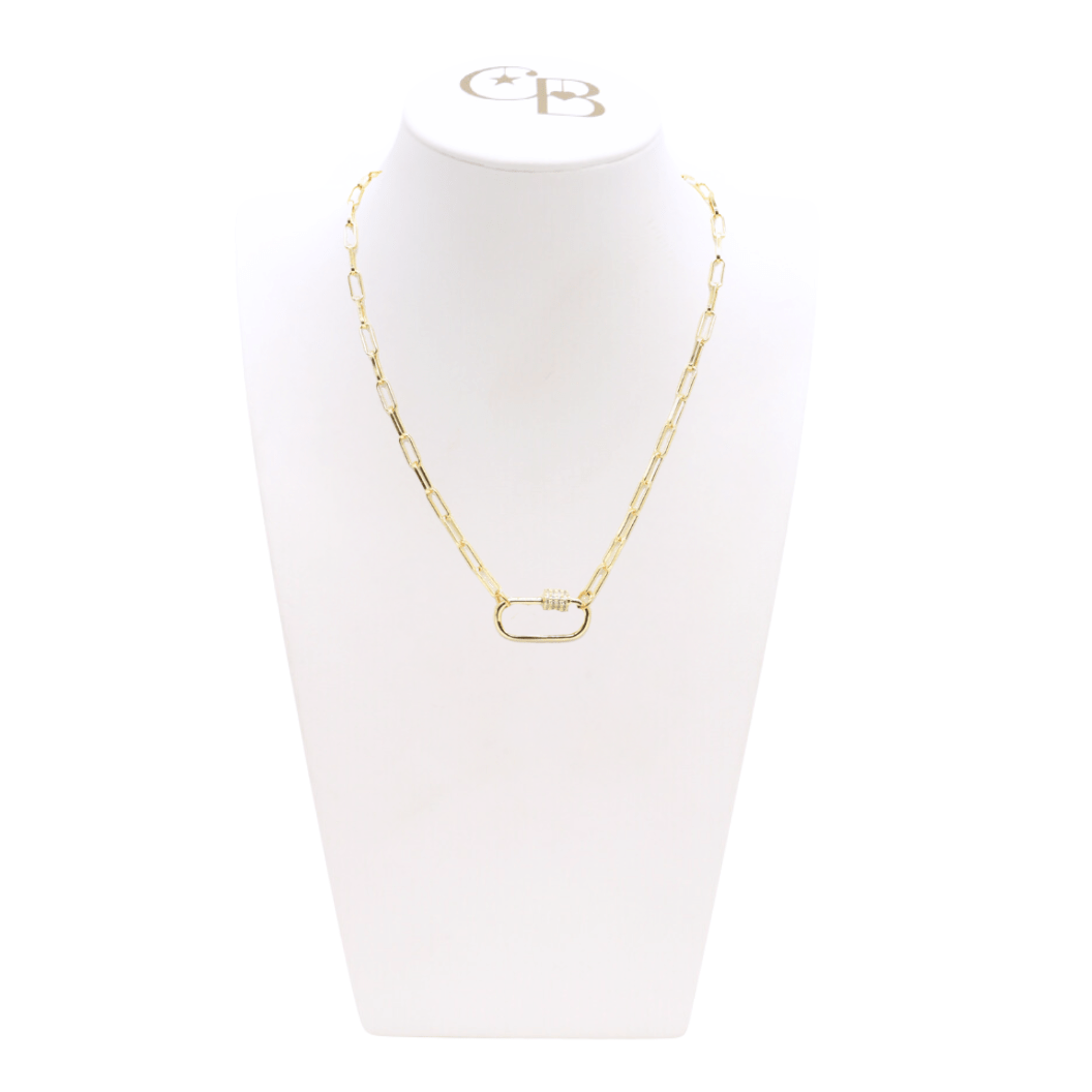 Front view of the Gold Ashley Necklace with Large Gabi Carabiner on CB Bust
