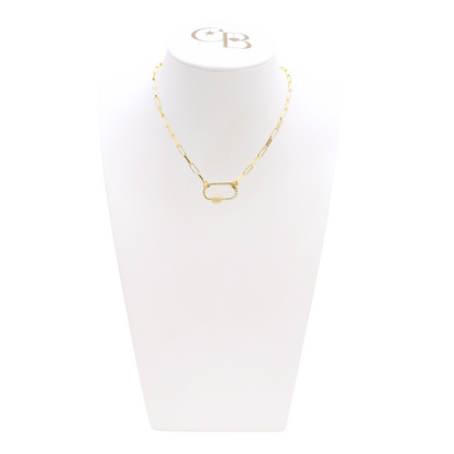 Front view of the Gold Ashley Necklace with Bella Carabiner on CB Bust