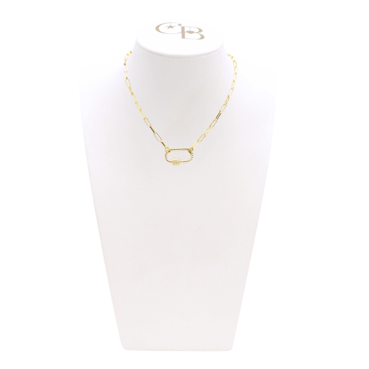 Front view of the Gold Ashley Necklace with Bella Carabiner on CB Bust